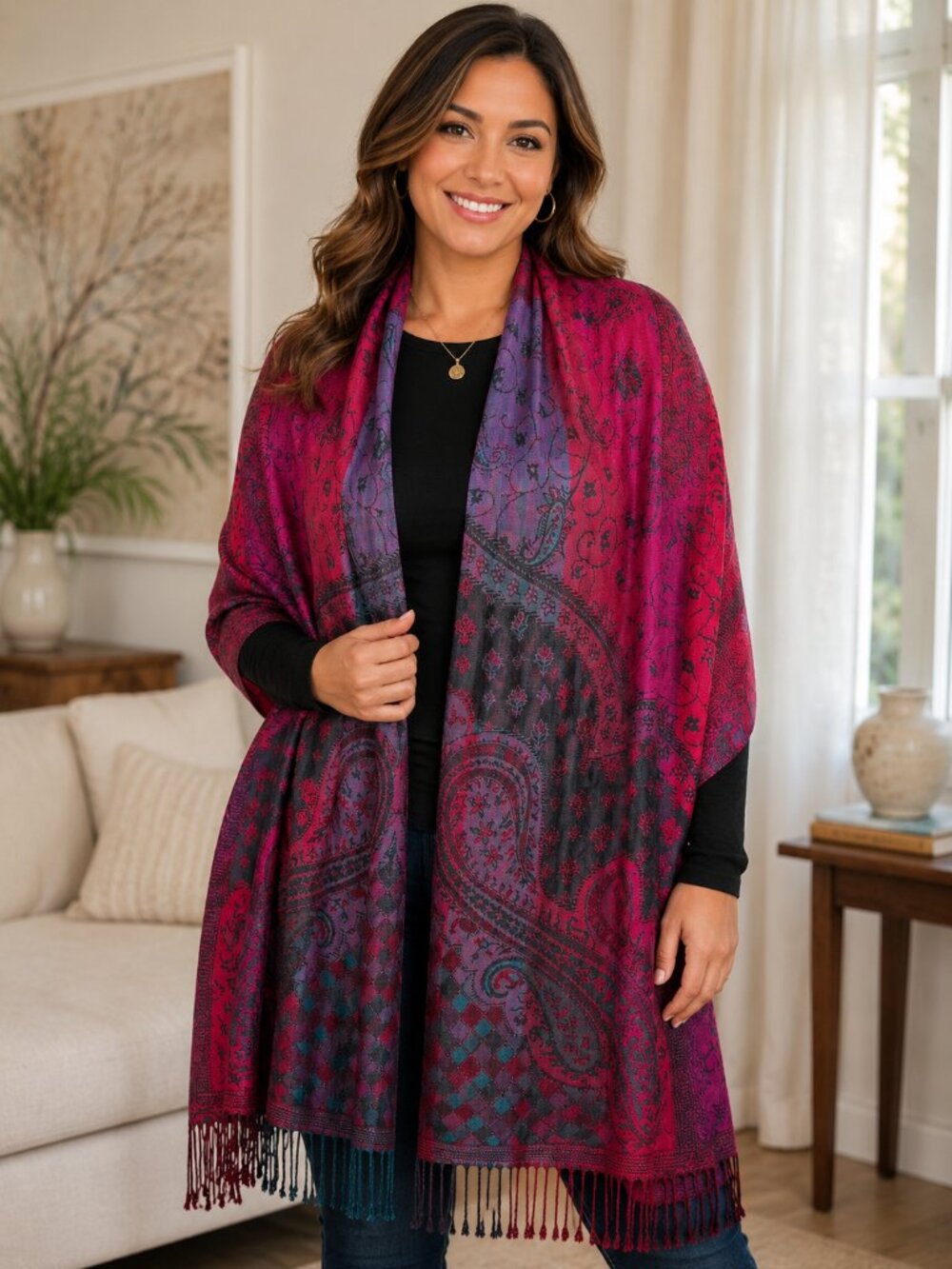 Magenta Paisley Fringe Scarf Shawl Wrap Boho Soft Pashmina Style